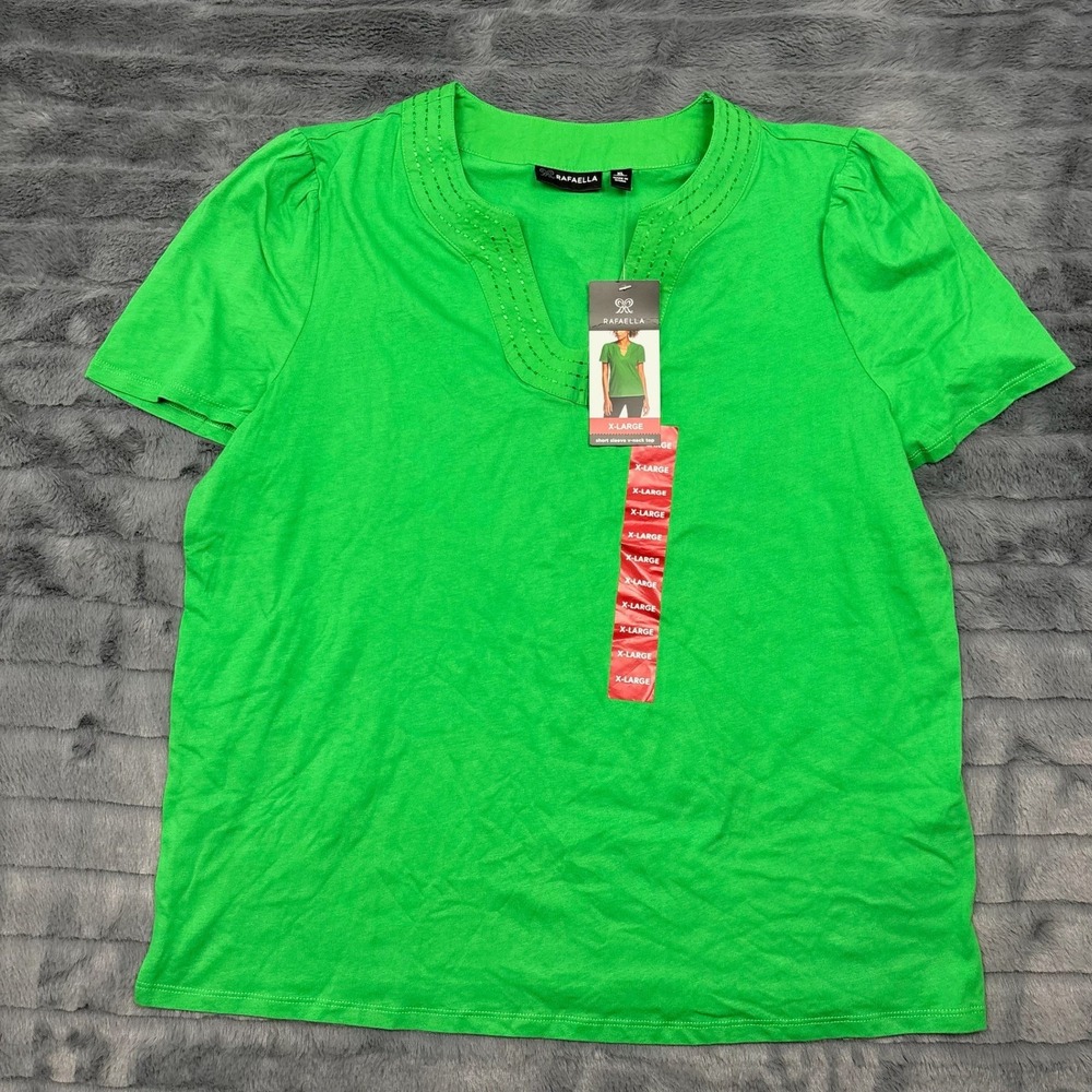 Rafaella Women Fern Green Split V-Neck Short Sleeve Cotton Knit Top XL RSKSE001